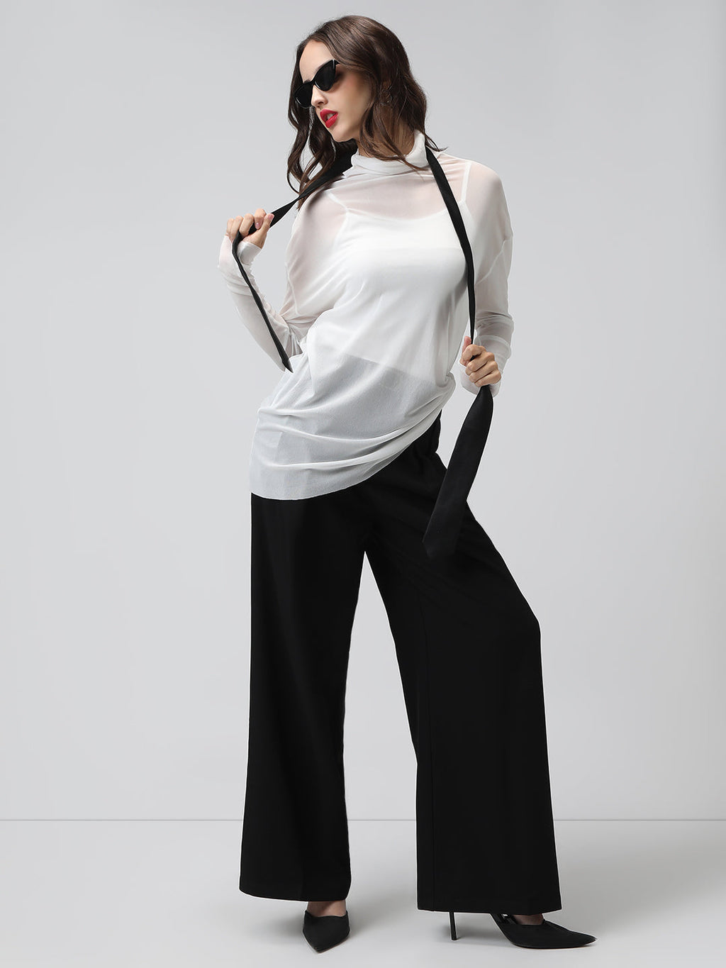 Women's White Sheer High neck Mesh Top