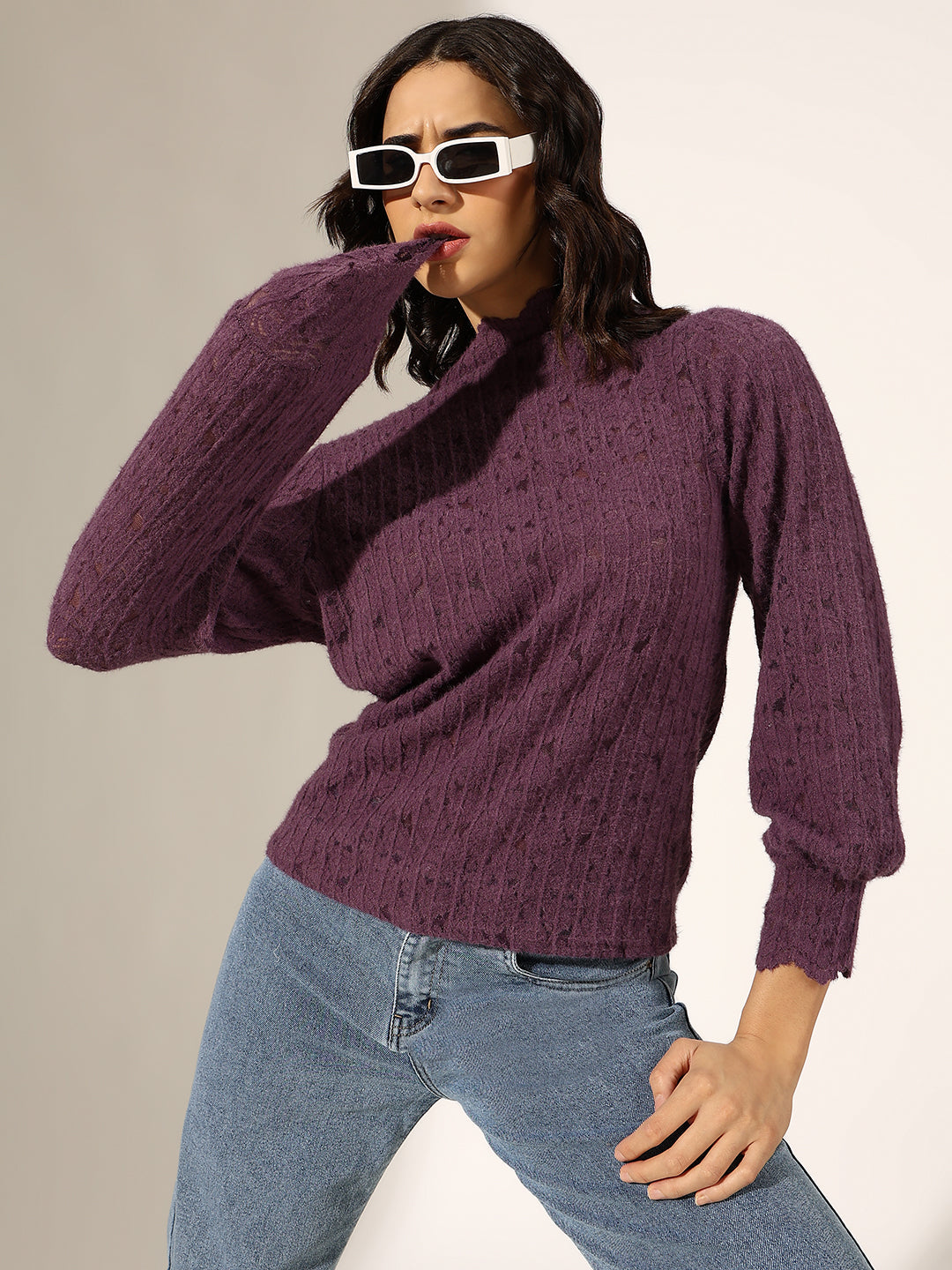 Women's Textured Purple High Neck Knit Top
