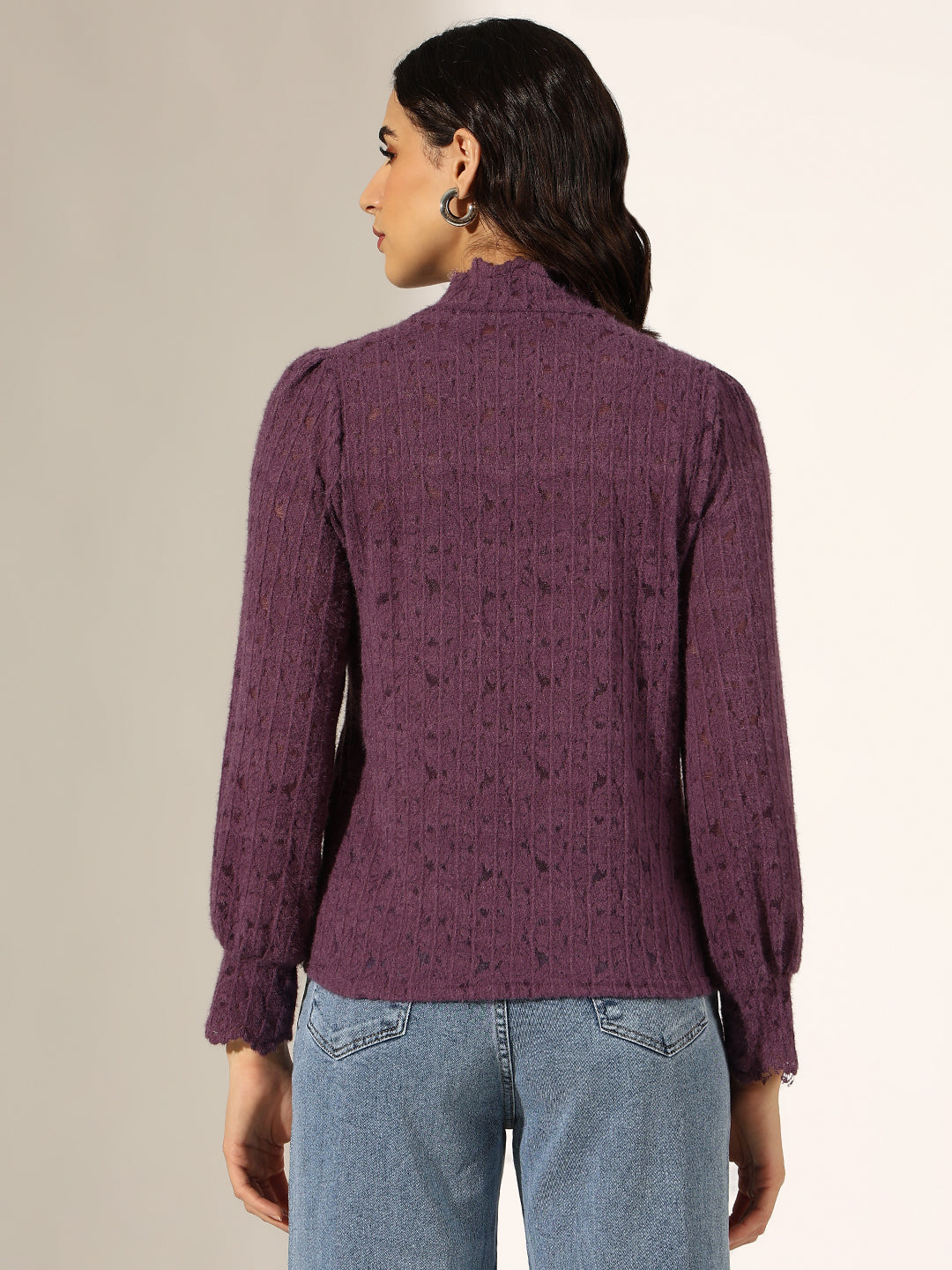 Women's Textured Purple High Neck Knit Top