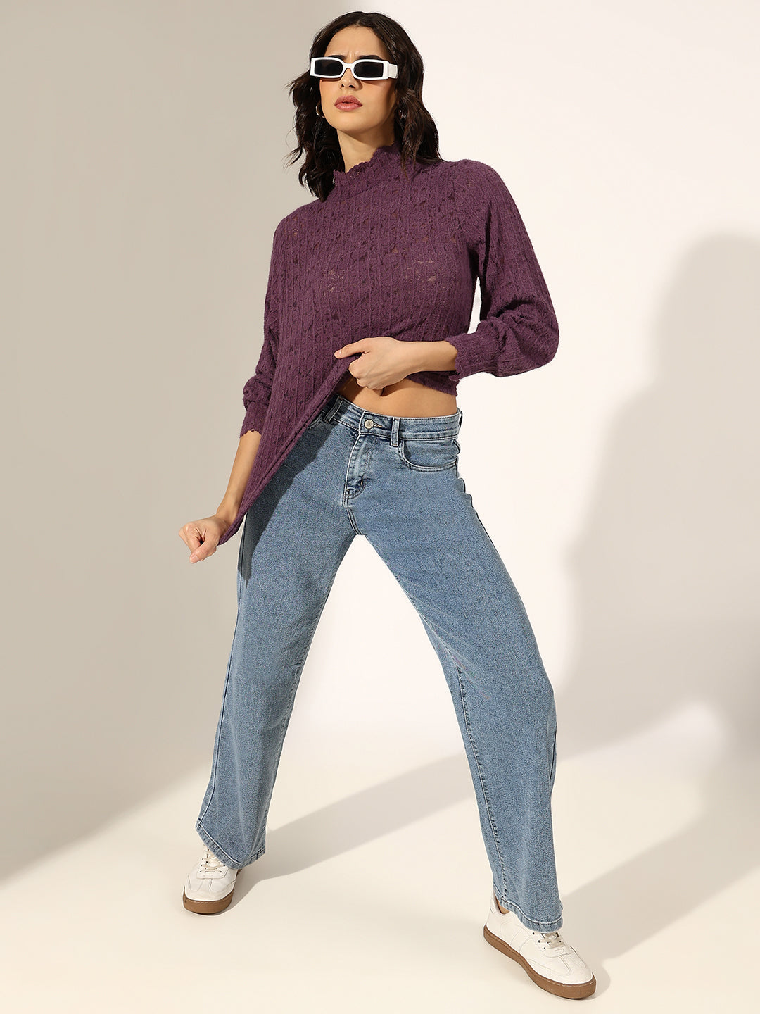 Women's Textured Purple High Neck Knit Top
