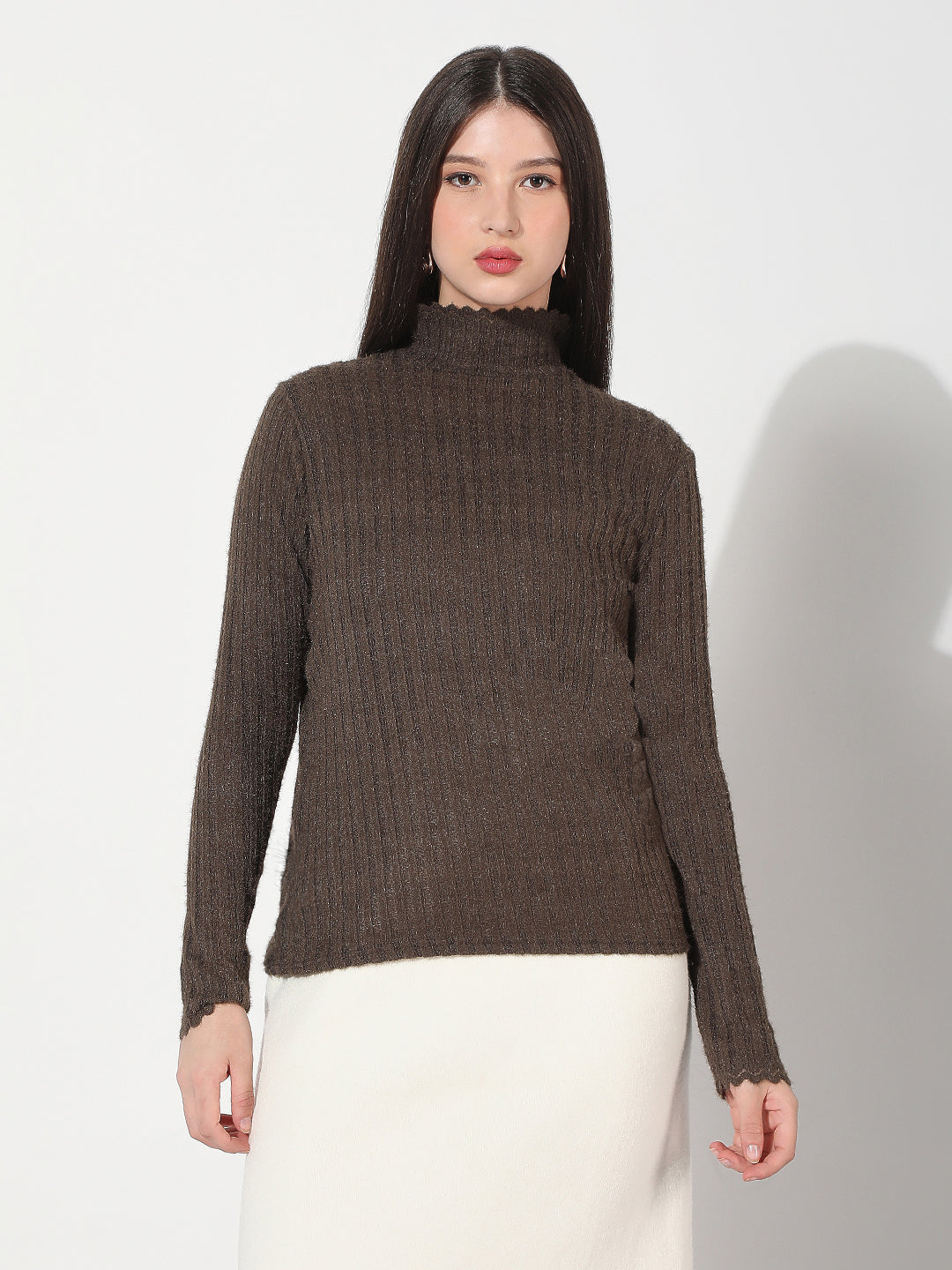 Women's Textured Brown High Neck Knitted Top