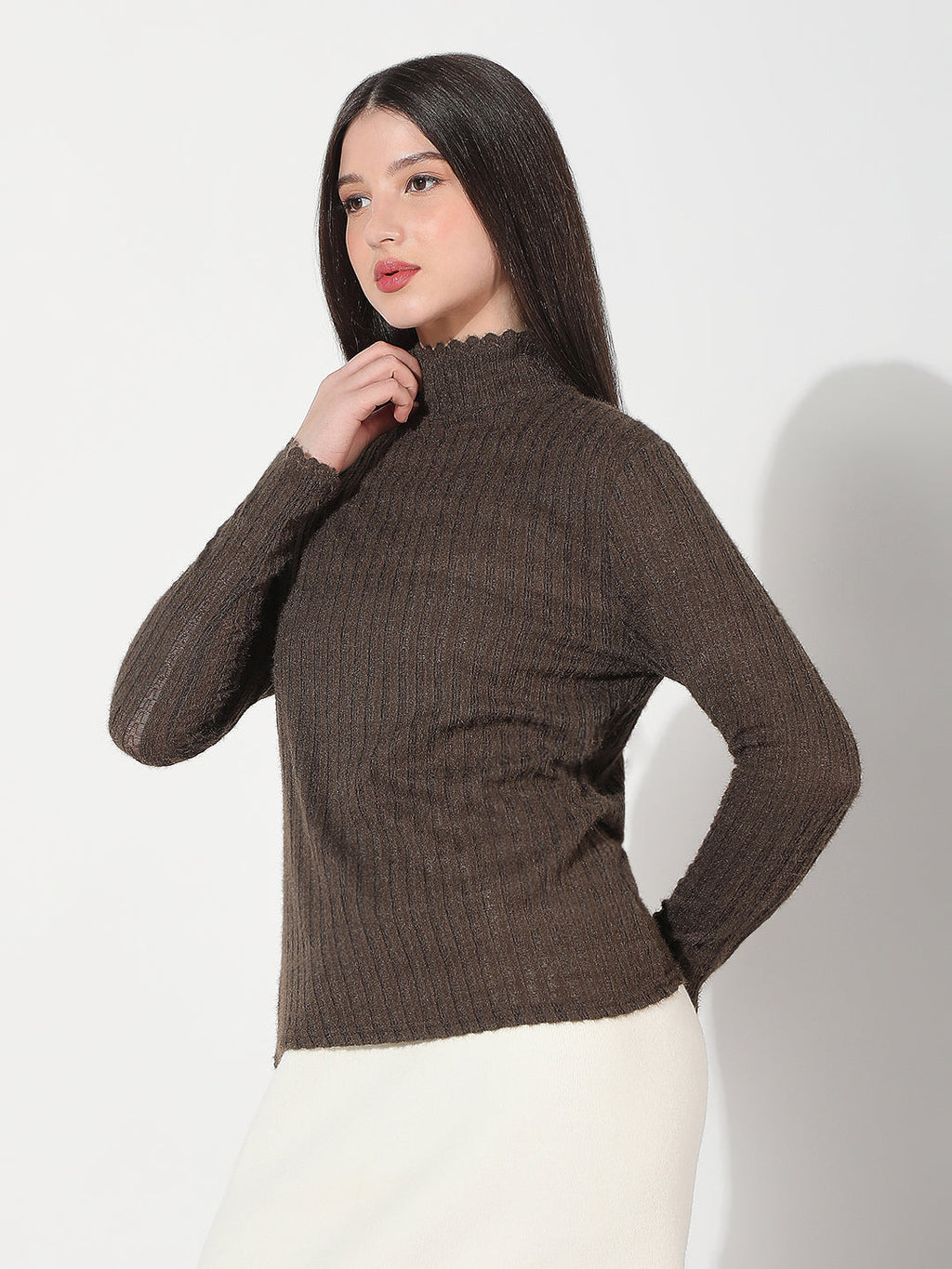 Women's Textured Brown High Neck Knitted Top