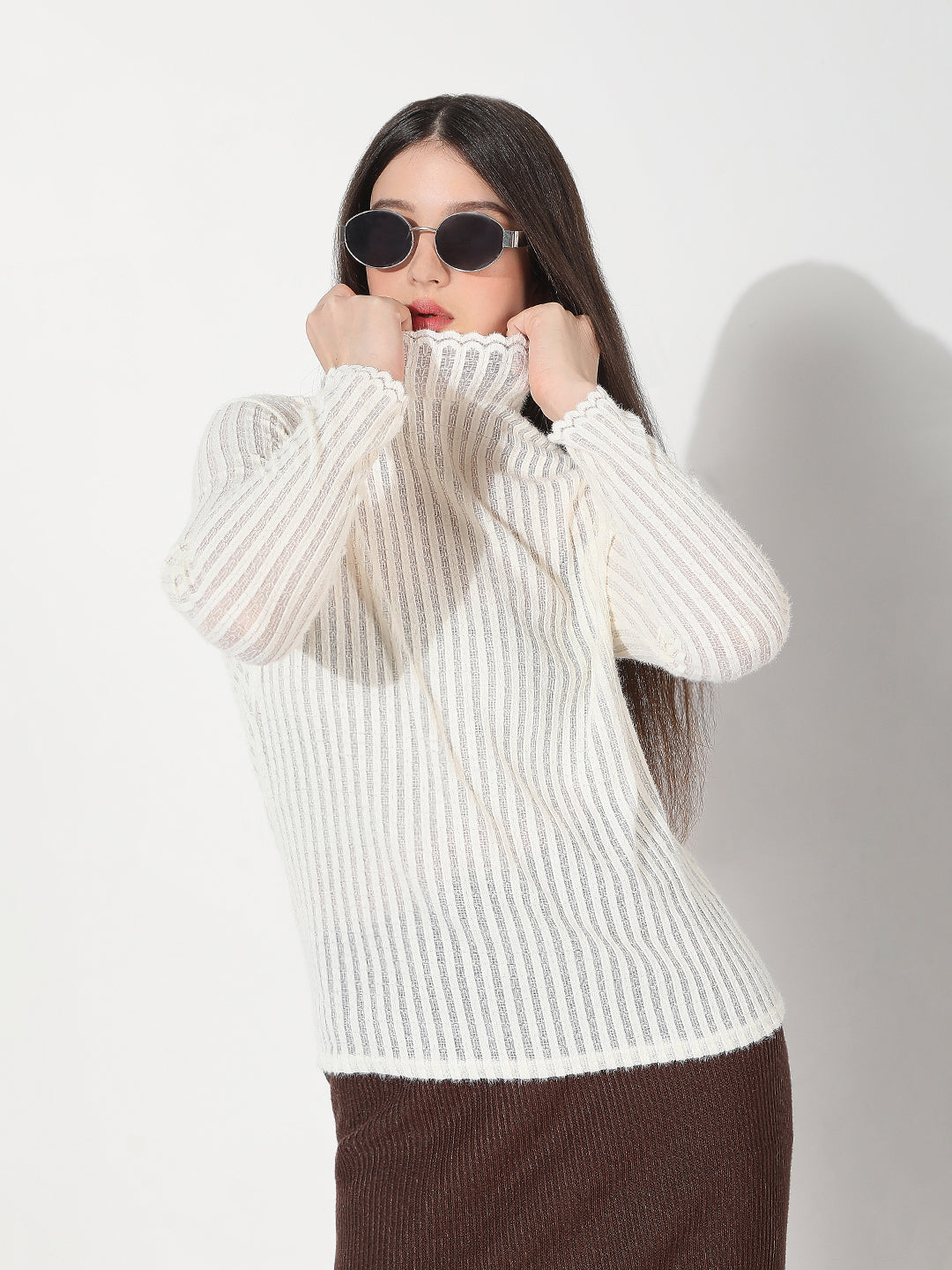 Women's Textured White High Neck Knitted Top