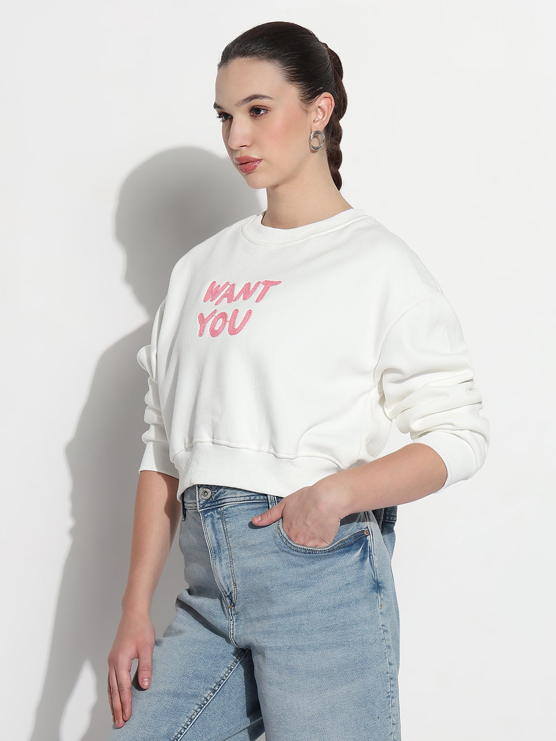 Women's Typography Embroidered White Crew Neck Crop Top