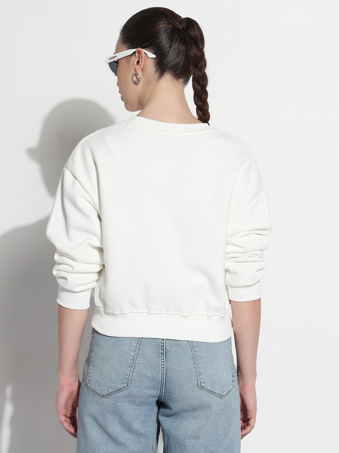 Women's Typography Embroidered White Crew Neck Crop Top