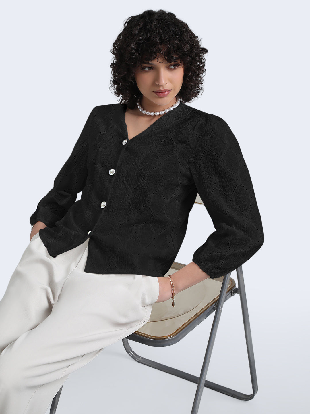 Women's Black Floral Textured V-Neck Top with Pearl Button