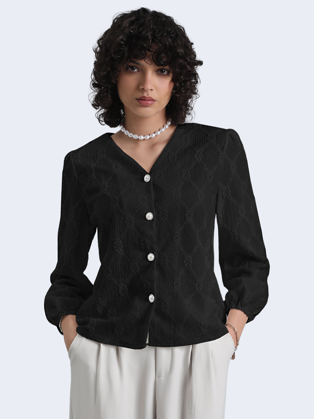 Women's Black Floral Textured V-Neck Top with Pearl Button