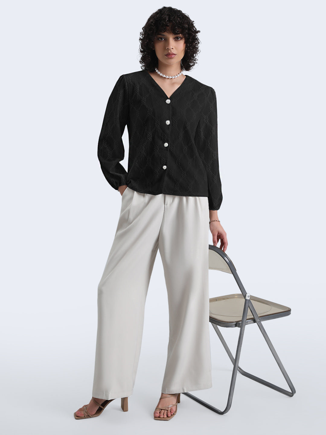Women's Black Floral Textured V-Neck Top with Pearl Button