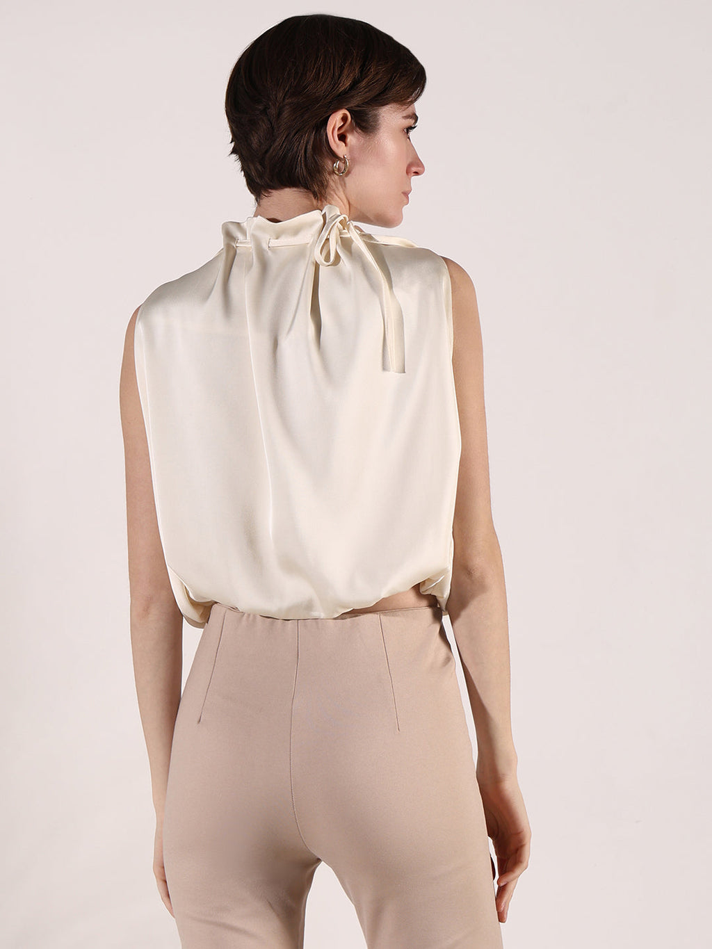 Women's Cream Satin Balloon Top with Neck Tie