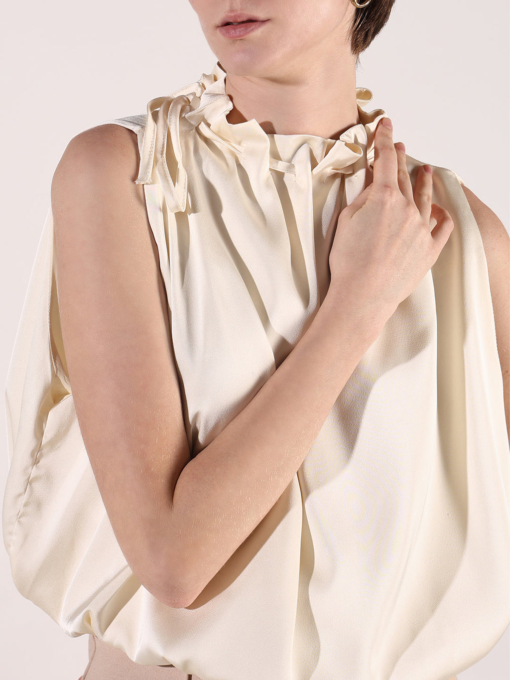 Women's Cream Satin Balloon Top with Neck Tie