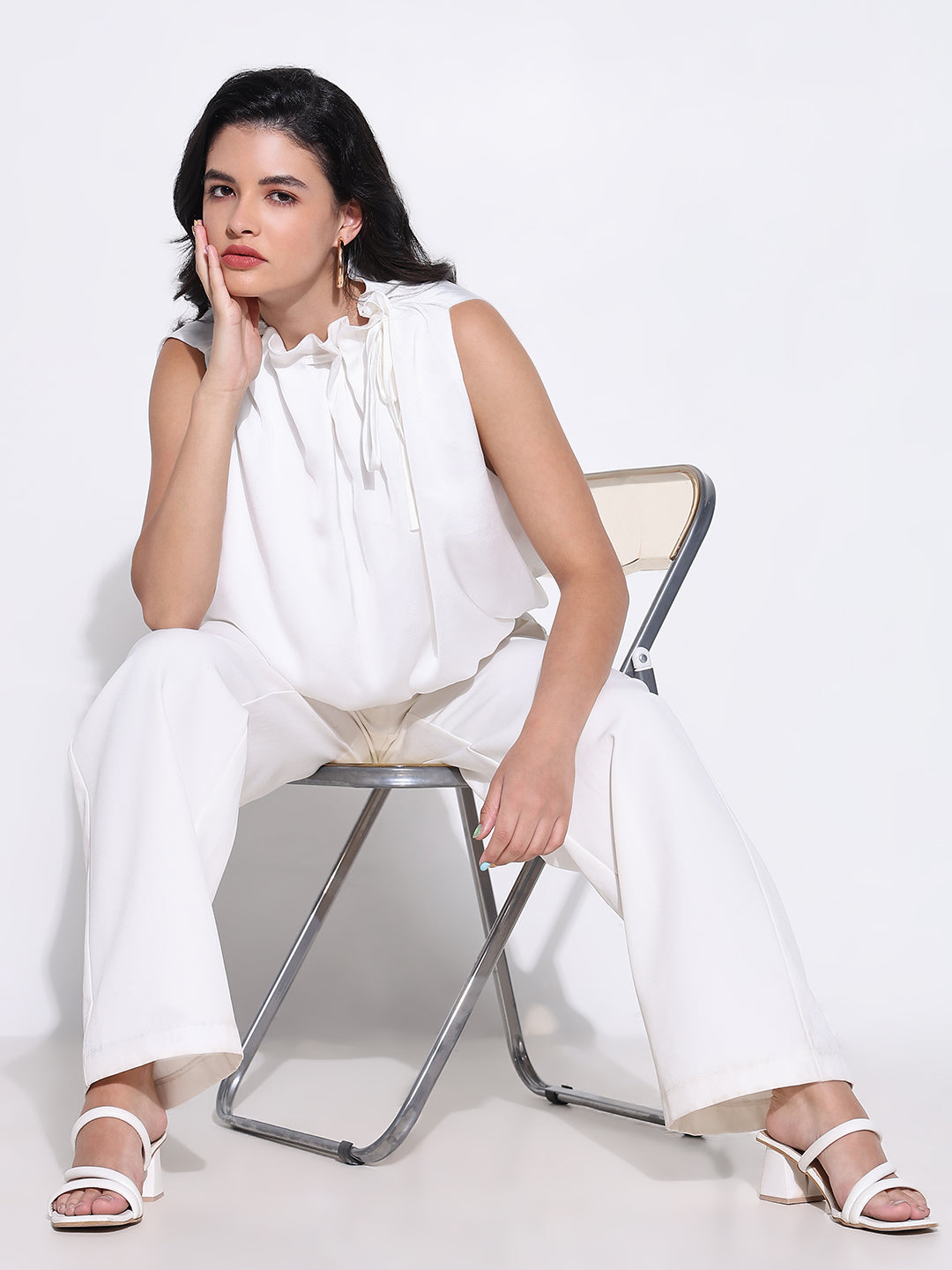 Women's White Satin Balloon Top with Neck Tie