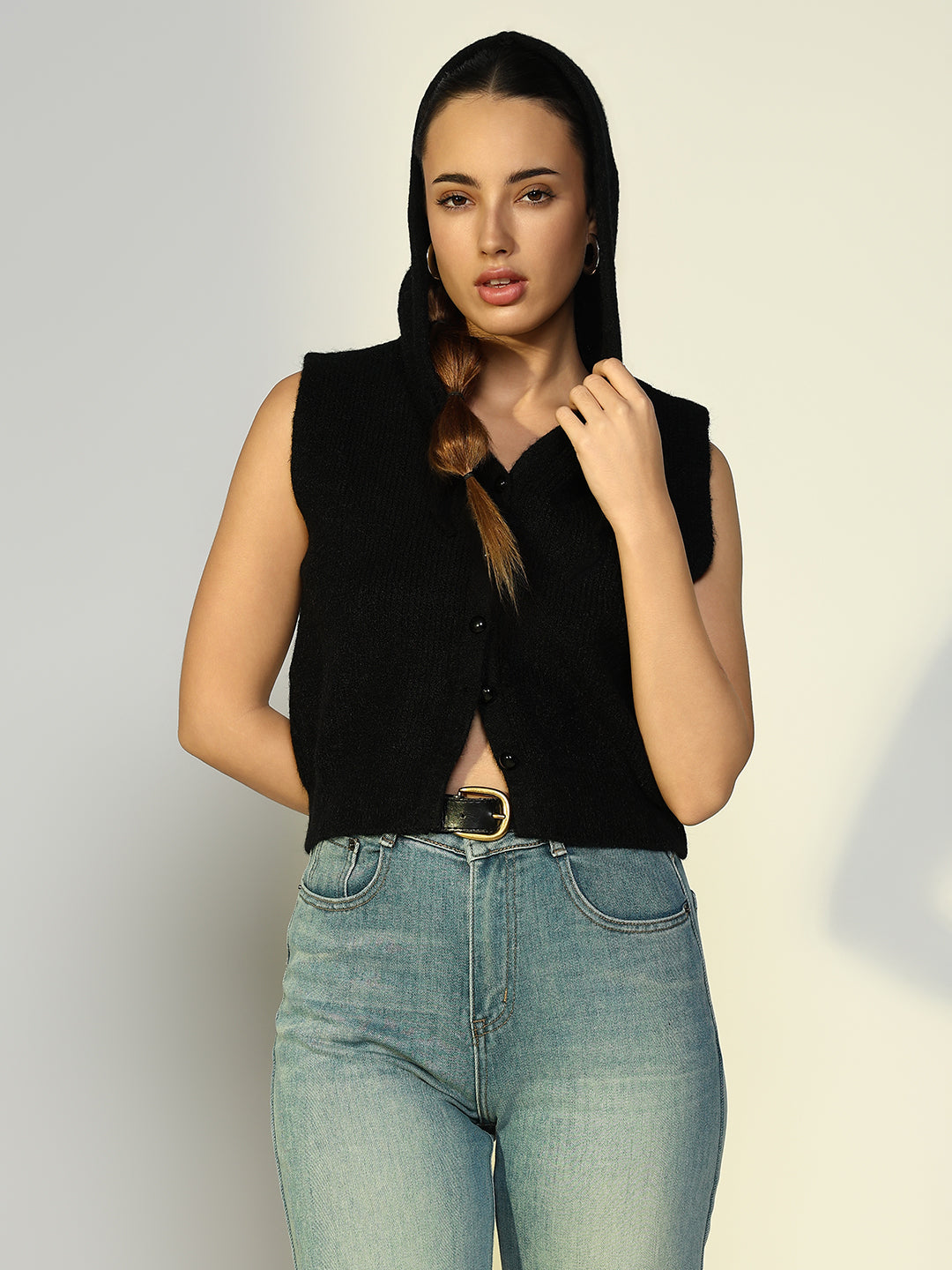 Women's Ribbed Black Hooded Short Top with Buttons