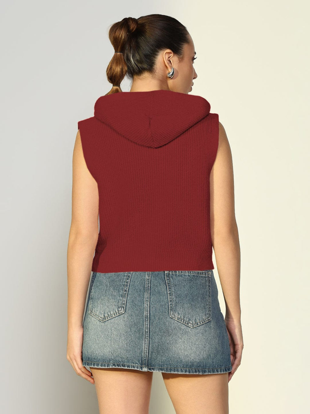 Women's Ribbed Red Hooded Short Top with Buttons