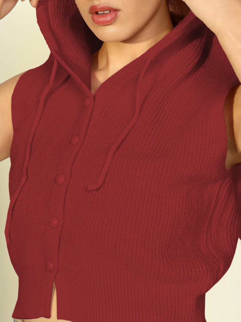Women's Ribbed Red Hooded Short Top with Buttons