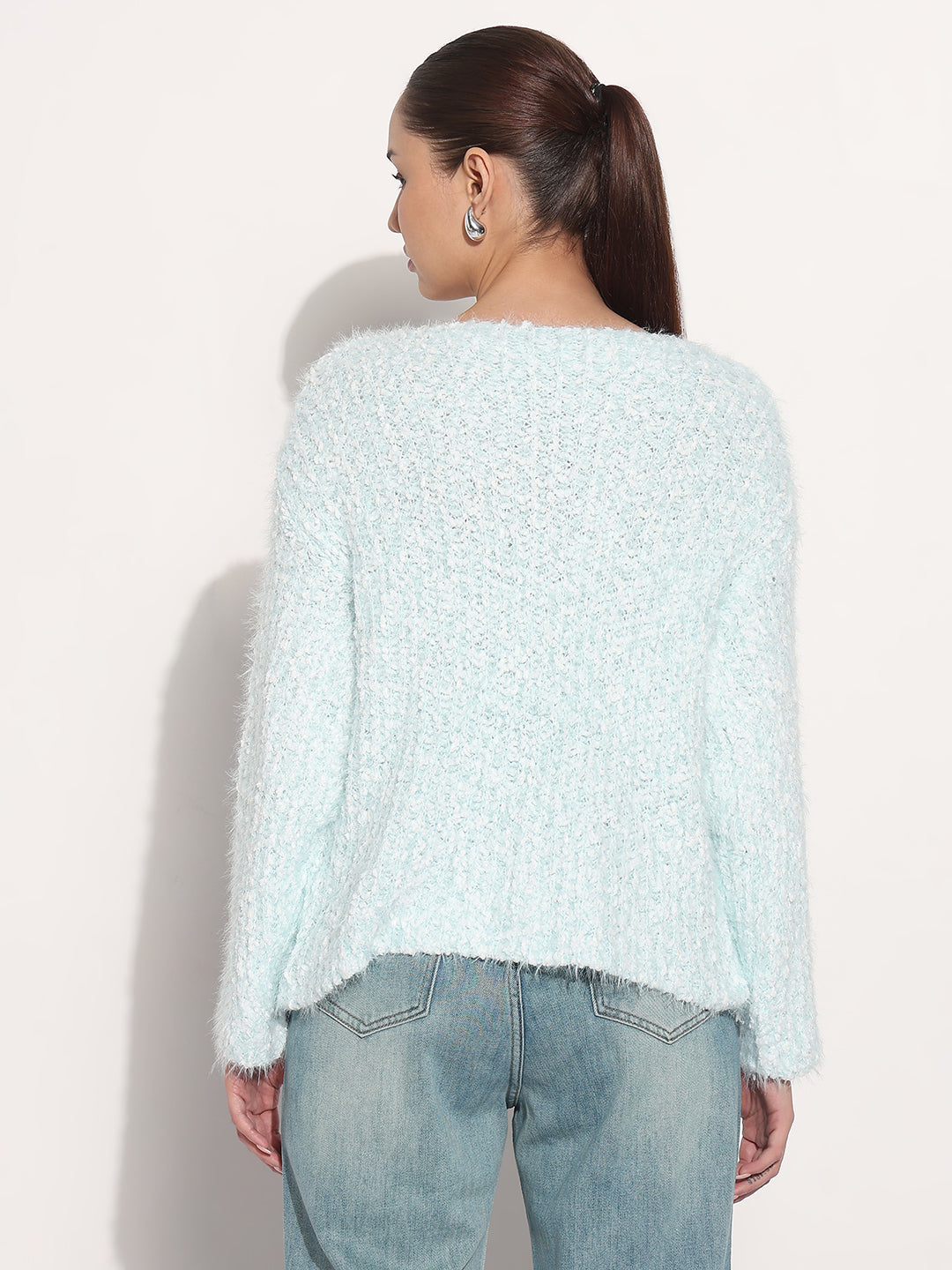 Women's Blue Round Neck Knitted Fuzzy Top