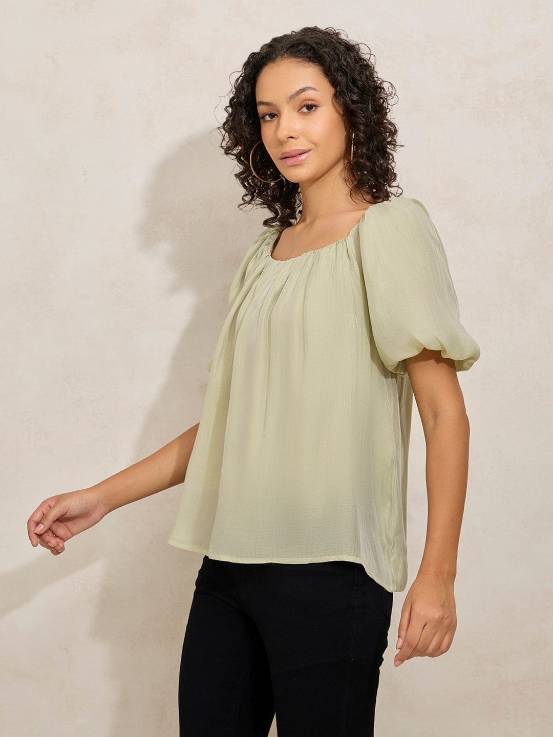 Women's Pleated Green Balloon Sleeves Round Neck Top