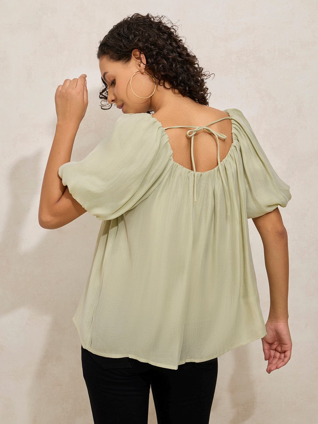 Women's Pleated Green Balloon Sleeves Round Neck Top