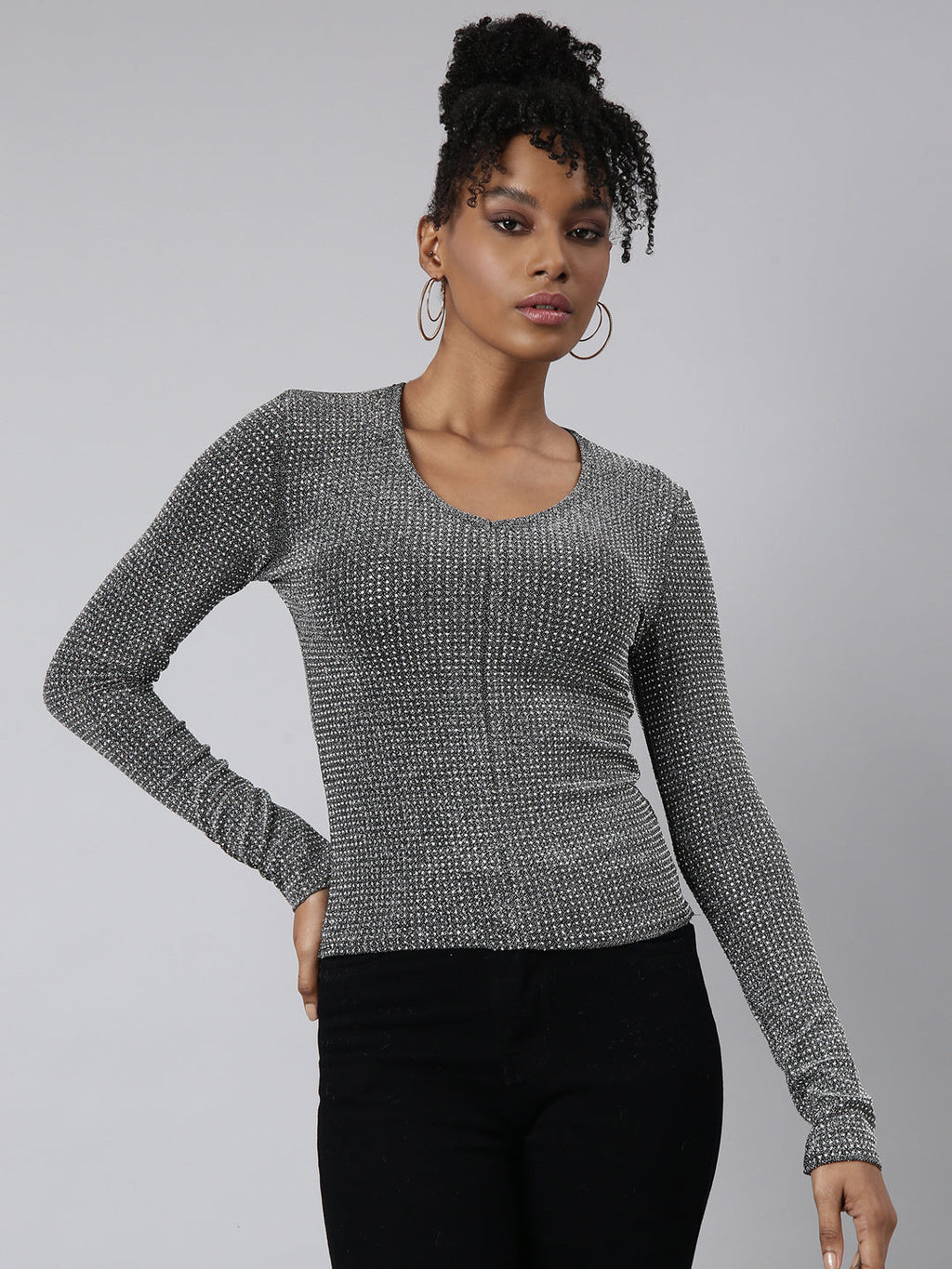 Women's Grey Long Sleeves Round Neck Embellished Studded Top