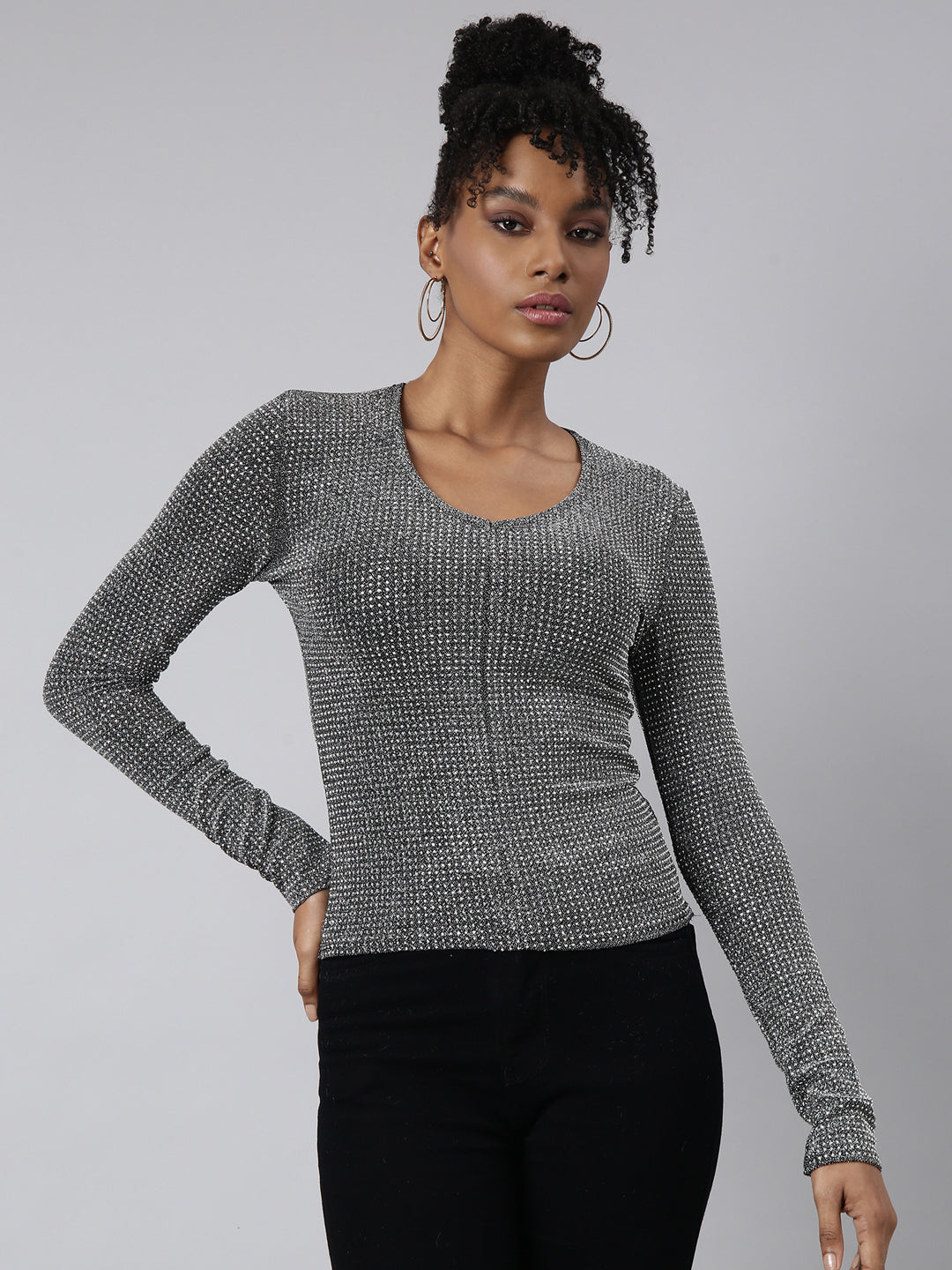Women's Grey Long Sleeves Round Neck Embellished Studded Top
