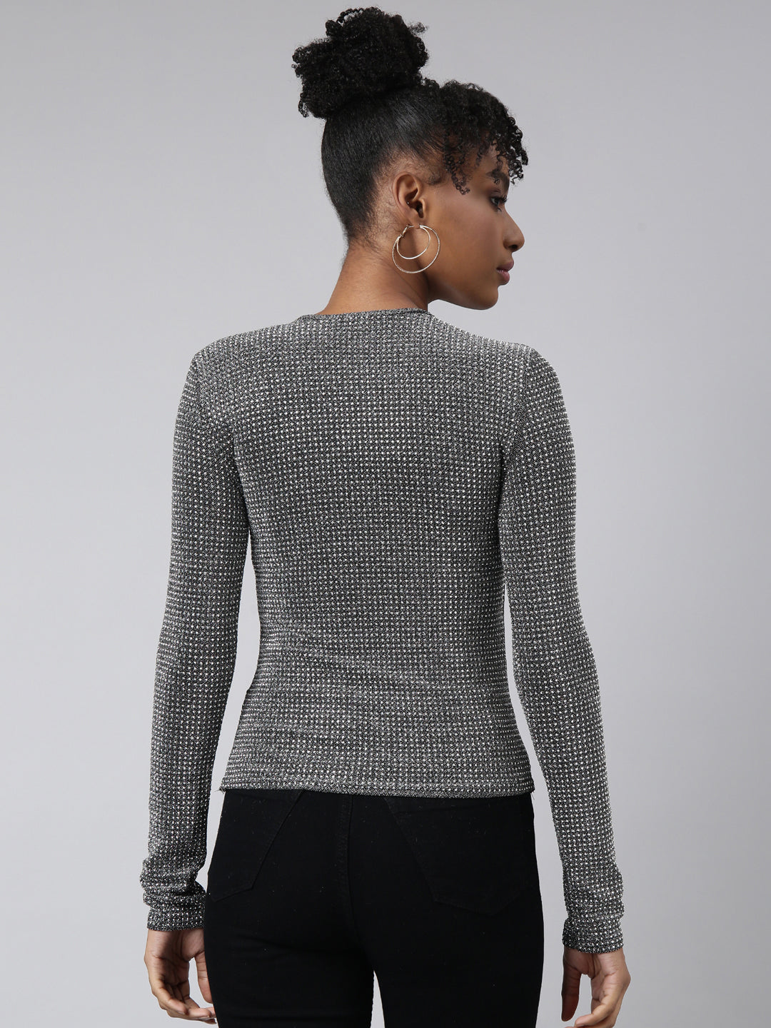 Women's Grey Long Sleeves Round Neck Embellished Studded Top