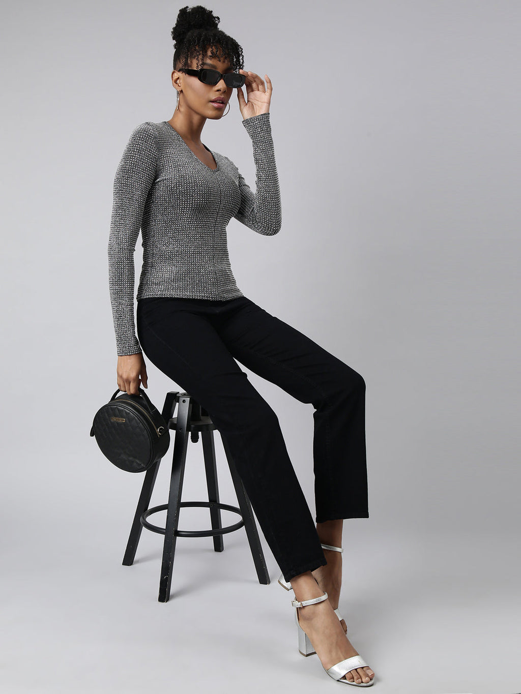 Women's Grey Long Sleeves Round Neck Embellished Studded Top