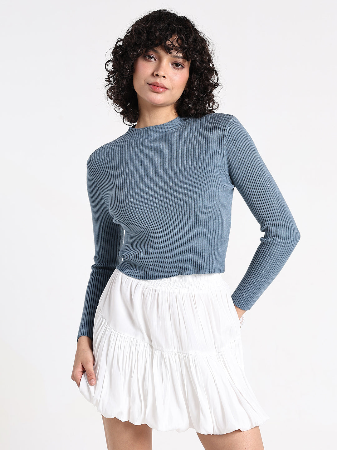 Women's Blue Ribbed High Neck Crop Top