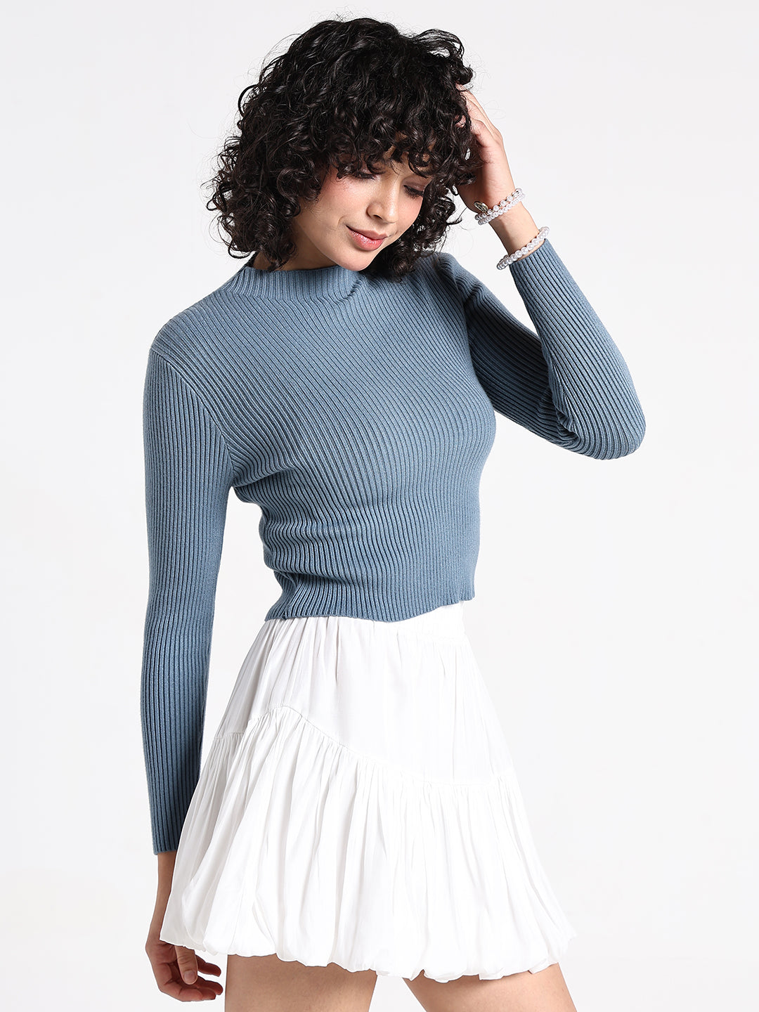 Women's Blue Ribbed High Neck Crop Top