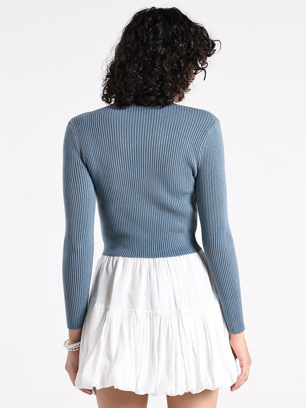 Women's Blue Ribbed High Neck Crop Top