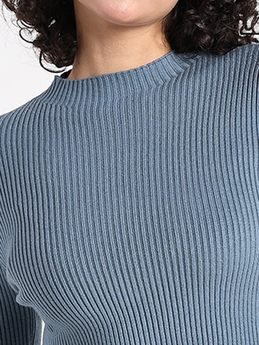 Women's Blue Ribbed High Neck Crop Top