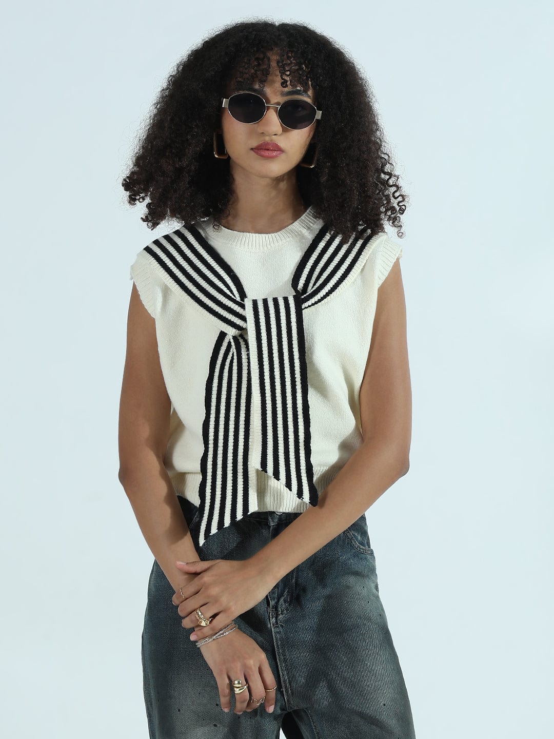Women's Cream Sleeveless Knit Sweater Vest Top with Striped Tie-Up Detail