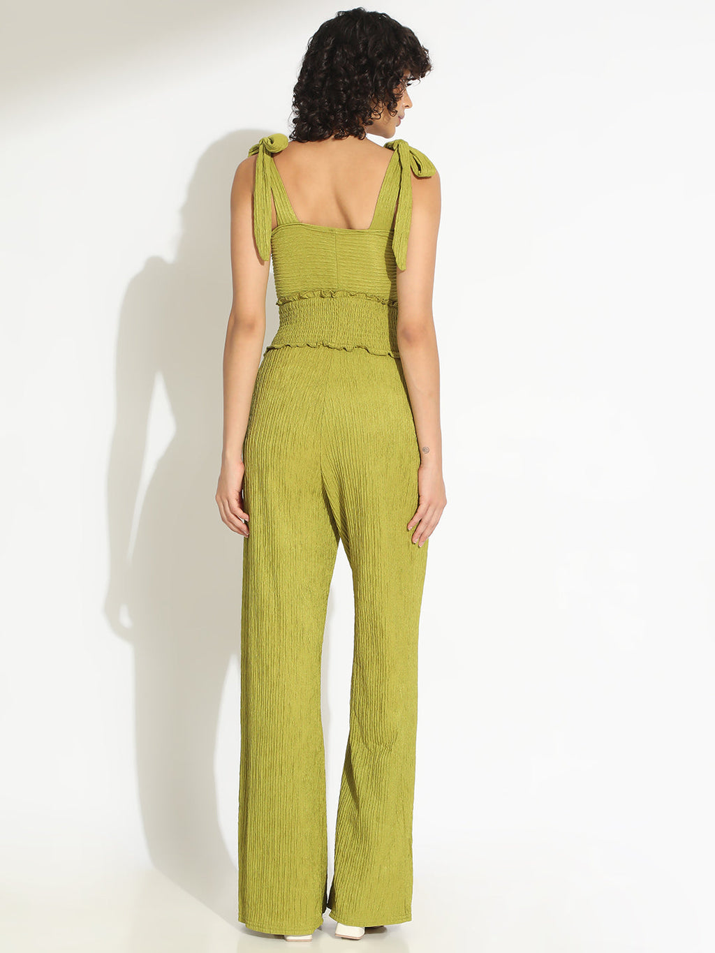 Women's Textured Green Tie-Up Shoulder Top with Smocked Waistline Jumpsuit