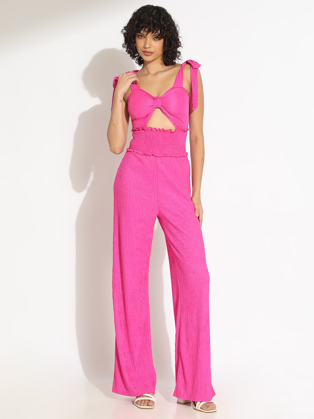 Women's Textured Pink Tie-Up Shoulder Top with Smocked Waistline Jumpsuit