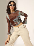 Women's Brown Tie & Dye Ruched Mesh Crop Top