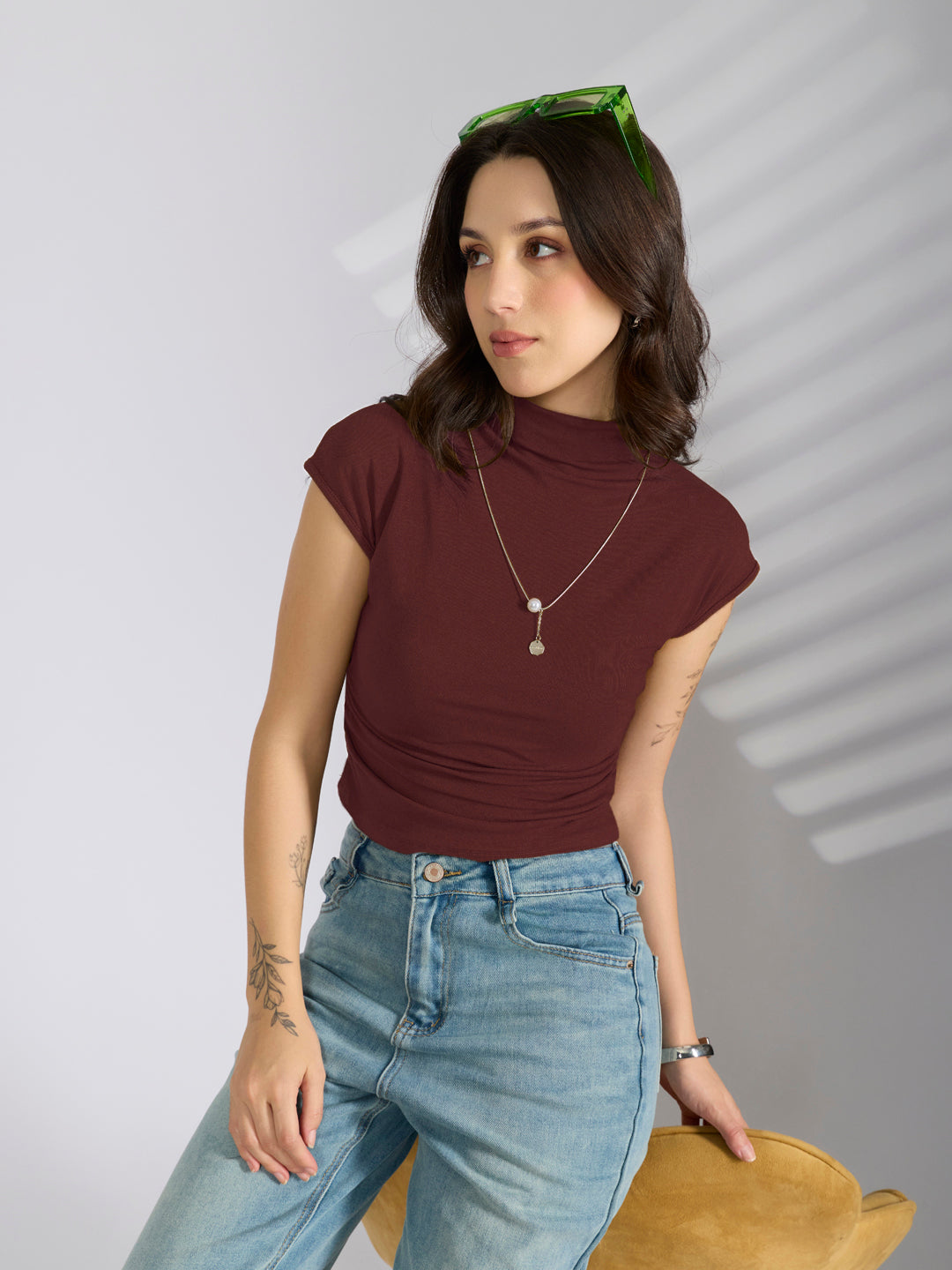 Women's Maroon Fitted Ruched Top with Chain
