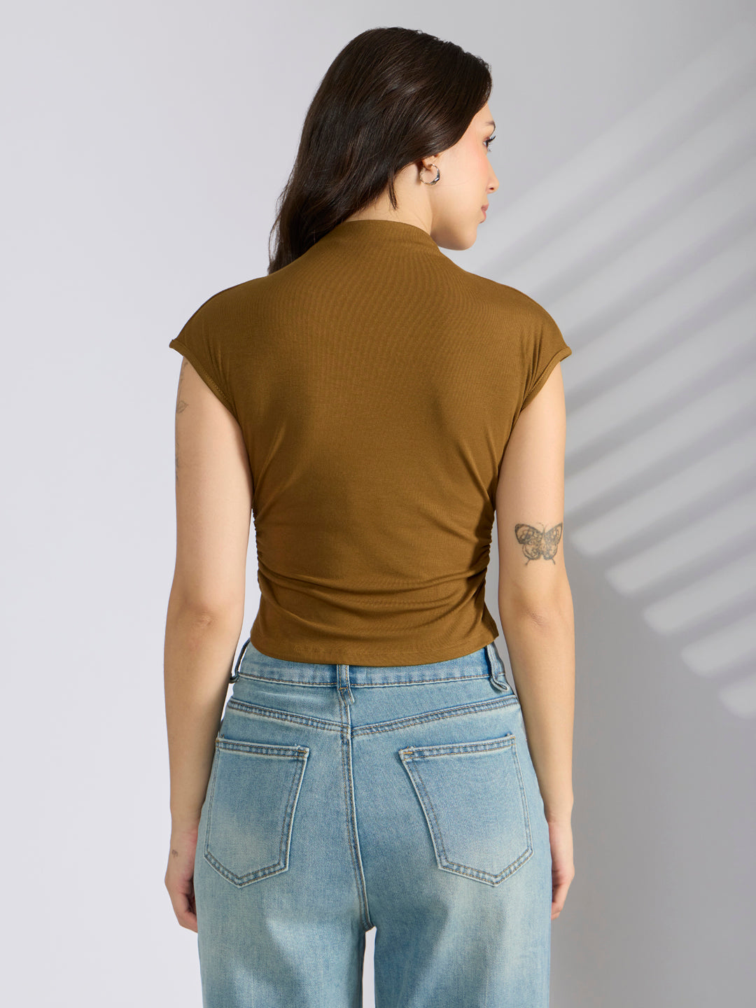 Women's Olive Fitted Ruched Top with Chain