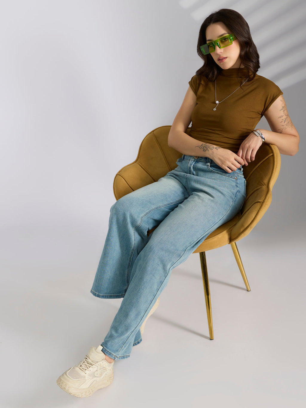 Women's Olive Fitted Ruched Top with Chain