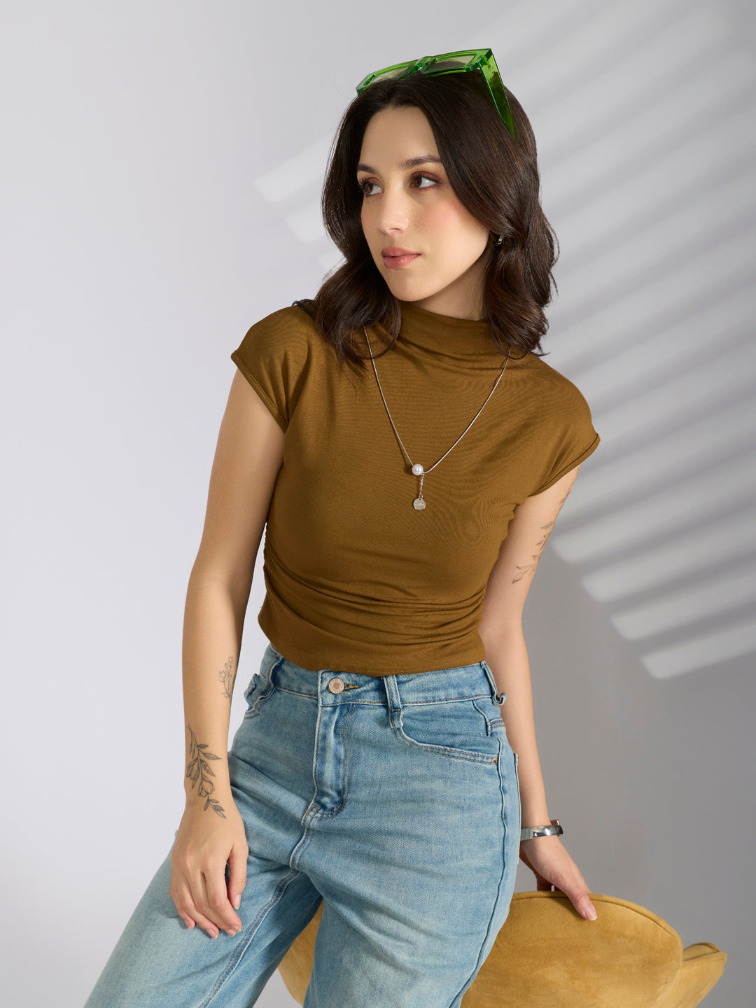 Women's Olive Fitted Ruched Top with Chain