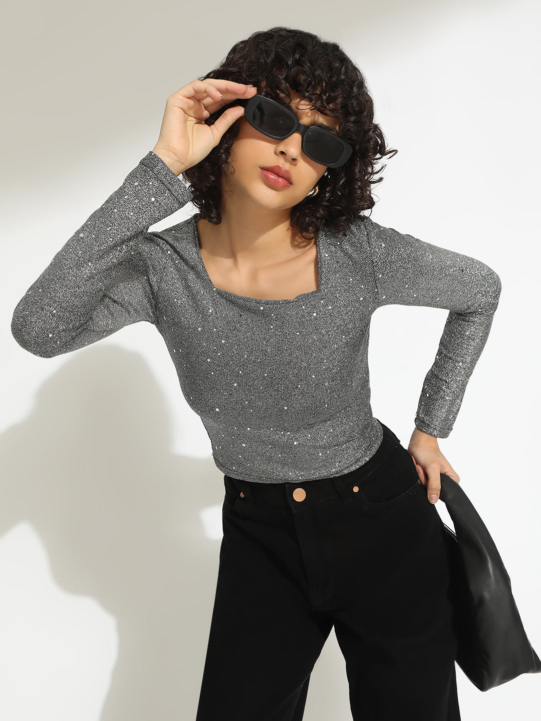 Women's Grey Embellished Long Sleeve Top