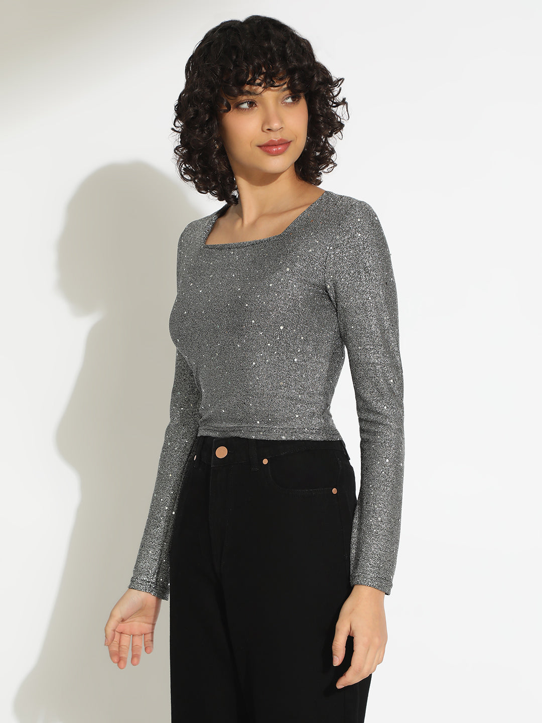 Women's Grey Embellished Long Sleeve Top