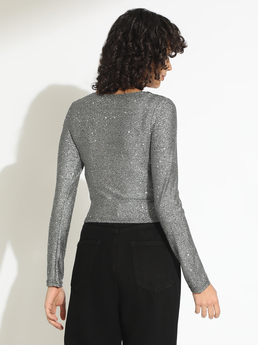 Women's Grey Embellished Long Sleeve Top