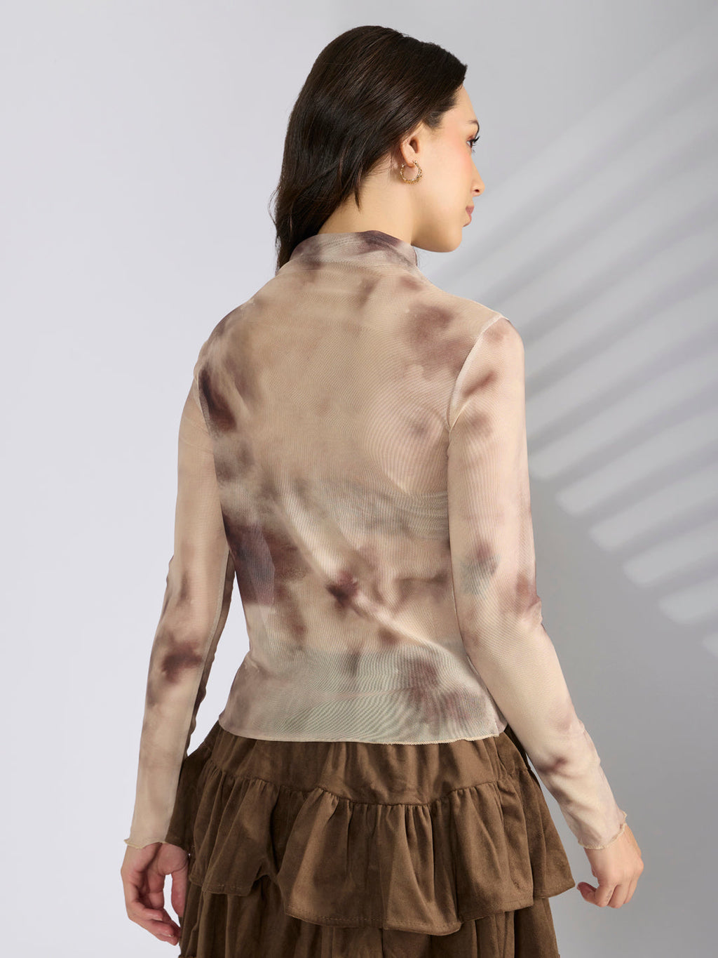 Women's Tie & Dye Cream High Neck Mesh Top