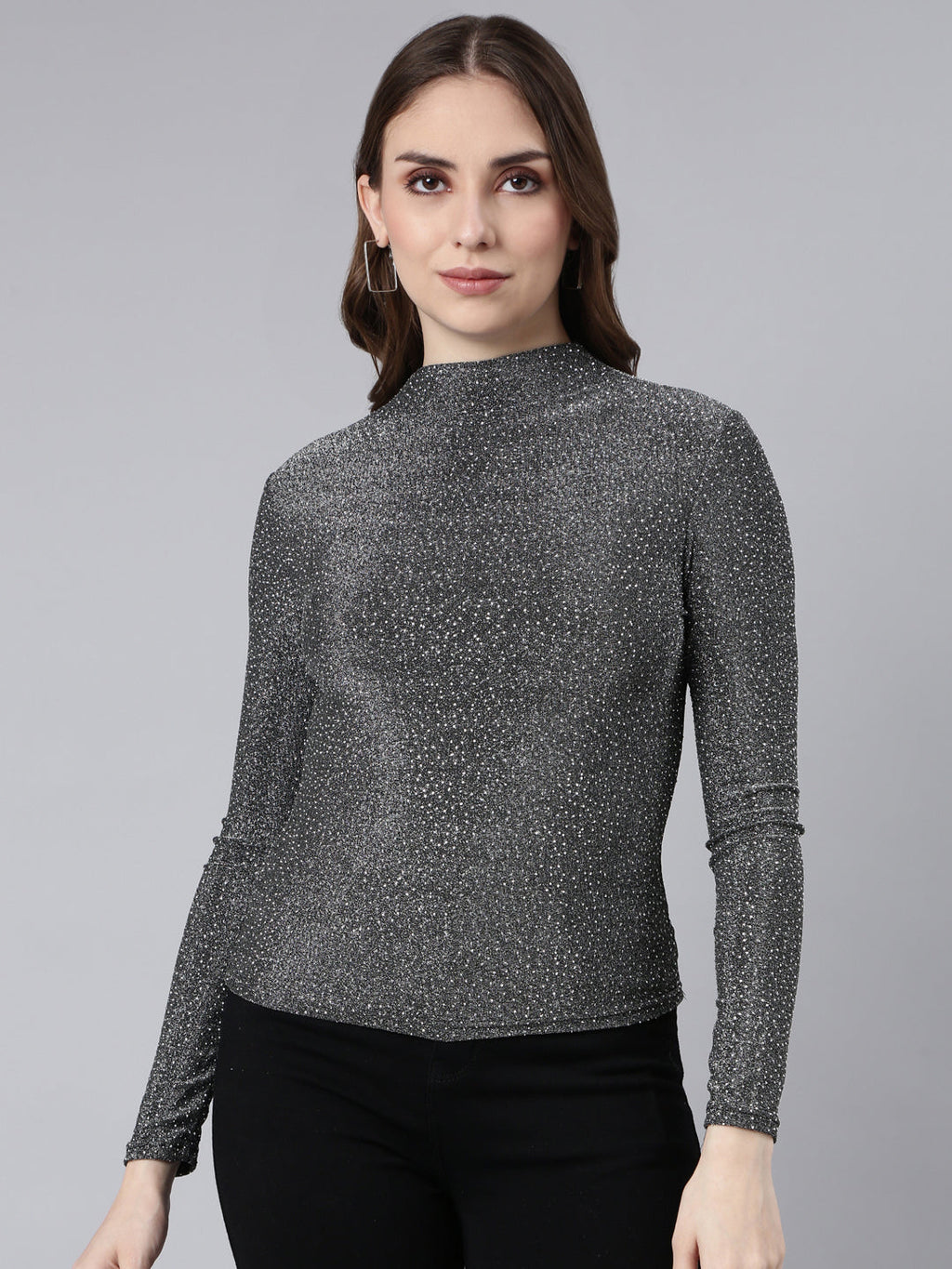 Women's Grey Self Design High Neck Studded Fitted Top