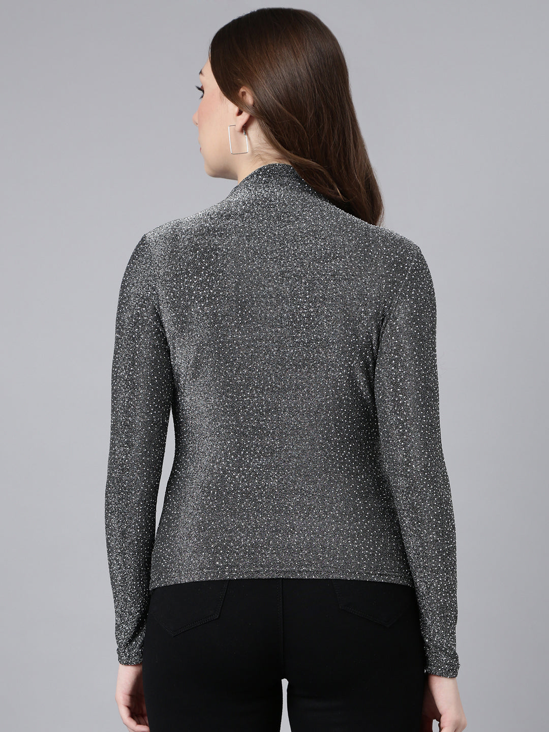 Women's Grey Self Design High Neck Studded Fitted Top