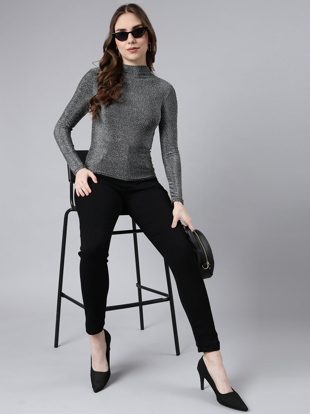 Women's Grey Self Design High Neck Studded Fitted Top