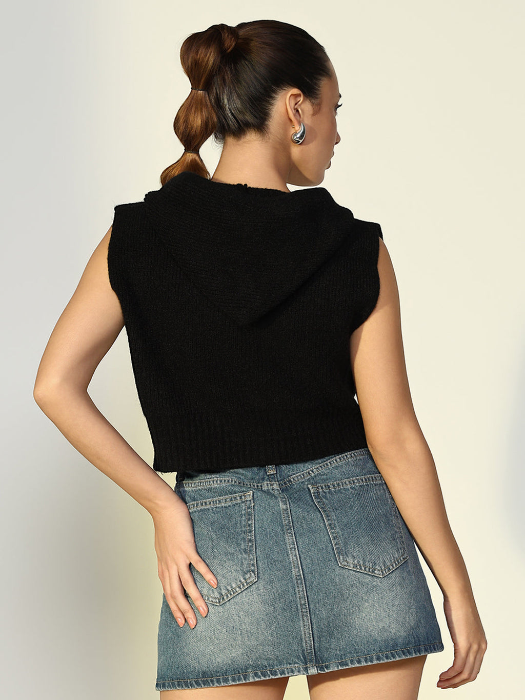 Women's Ribbed Black Hooded Top with Zip