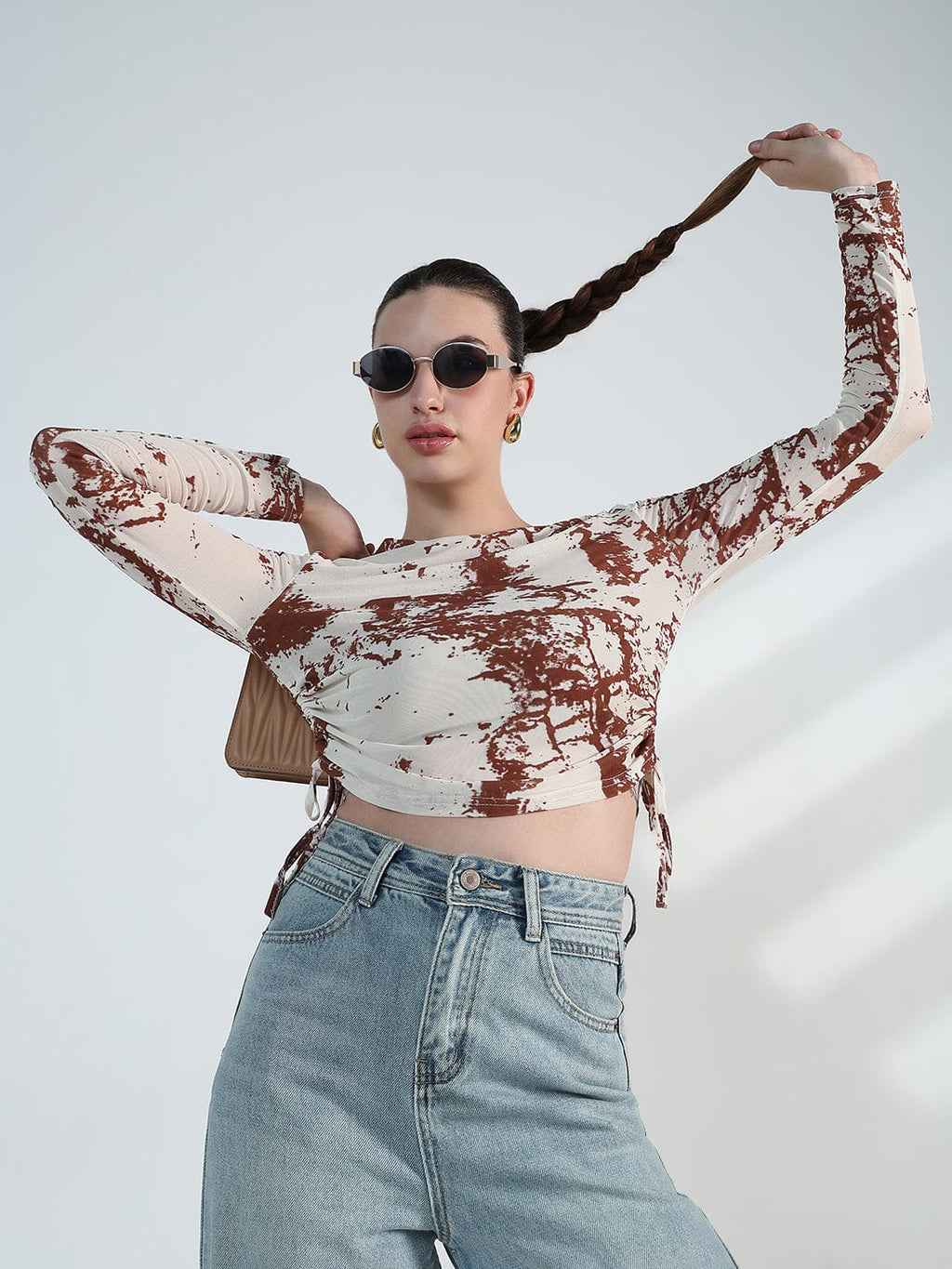 Women's Abstract Print Ruched Side Tie-up Top