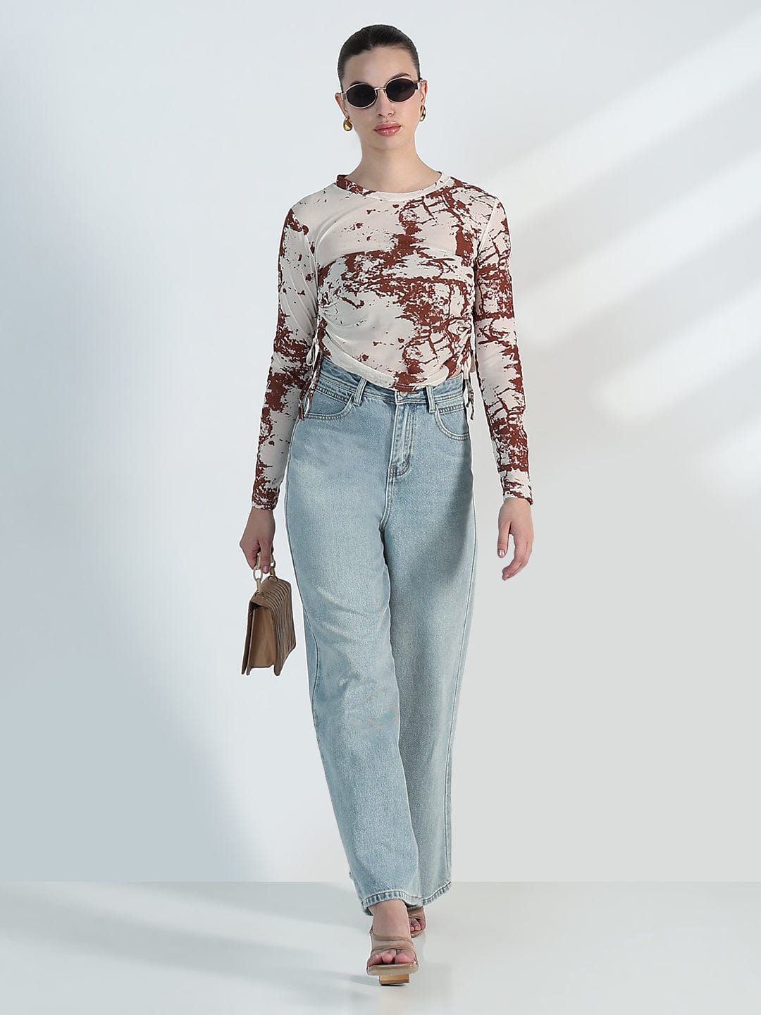 Women's Abstract Print Ruched Side Tie-up Top