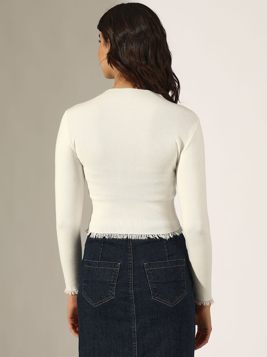 Women's Ribbed White Mock Neck Top with Frayed Hem