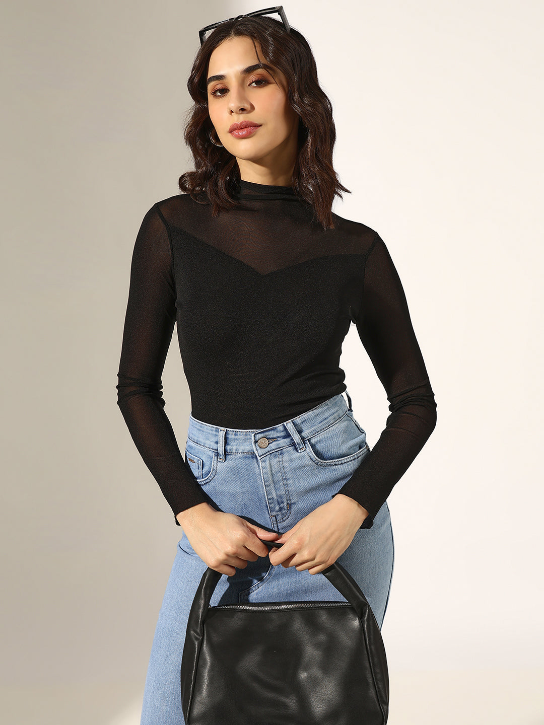 Women's Black Sheer Panel High Neck Mesh Top