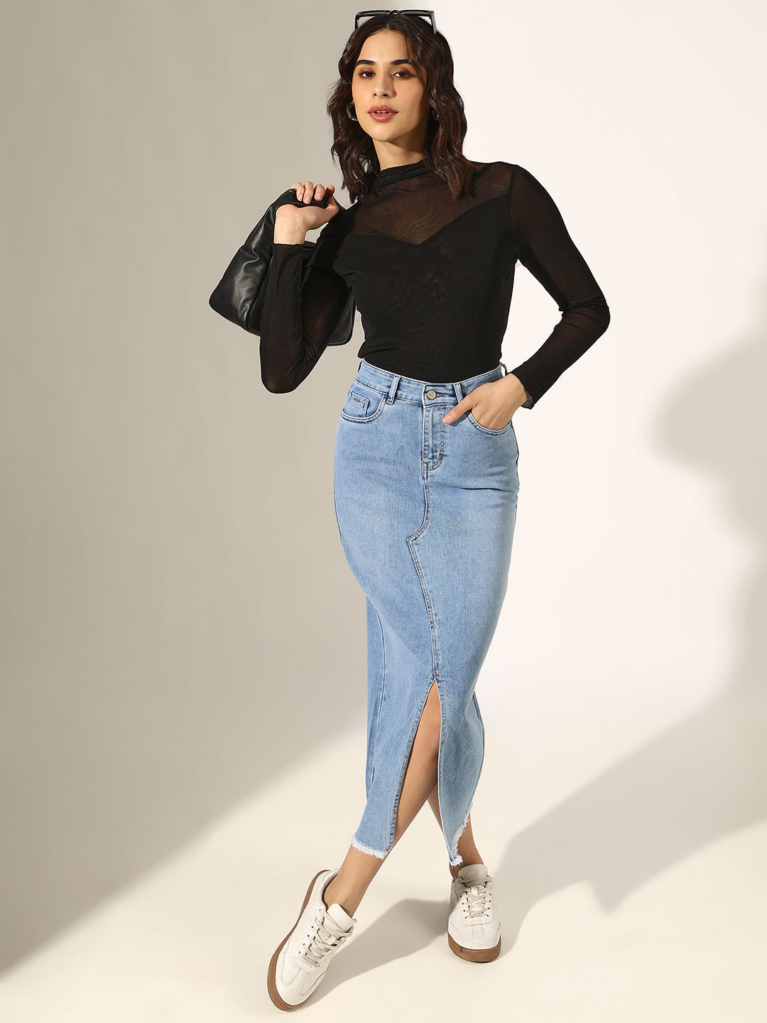 Women's Black Sheer Panel High Neck Mesh Top